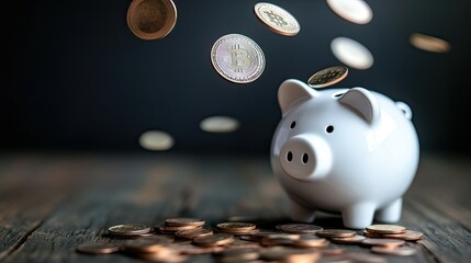 Coins flipping mid-air above a white piggy bank, financial security theme.