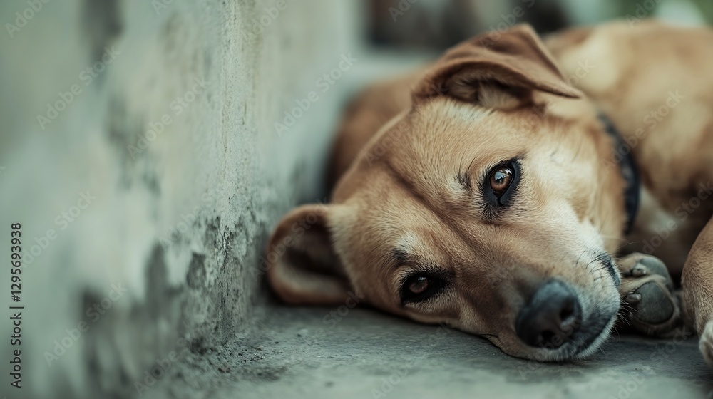 Poster closeup of a sad dog lying on concrete with expressive eyes showcasing its emotional depth : generat