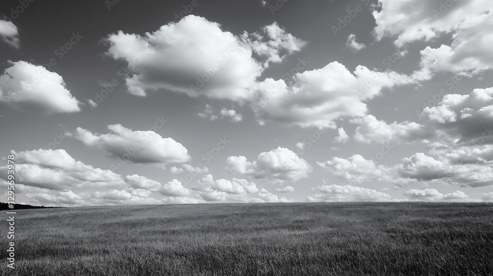 Poster expansive black and white landscape showcasing fluffy clouds over an open field under a vast sky : g