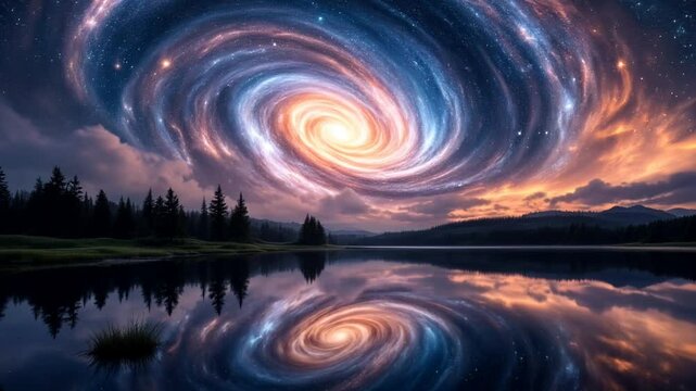 Stunning cosmic swirl over serene lake at sunset, reflecting vibrant colors and stars