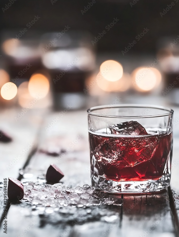 Poster elegant glass of dark red drink with ice on rustic wooden table surrounded by soft light : generativ