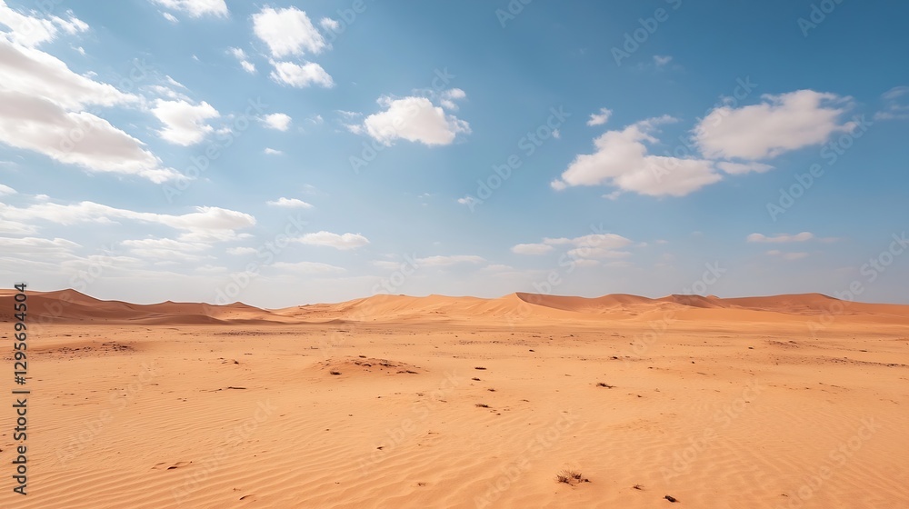 Poster vast desert landscape under blue sky with sparse clouds and golden sands : generative ai