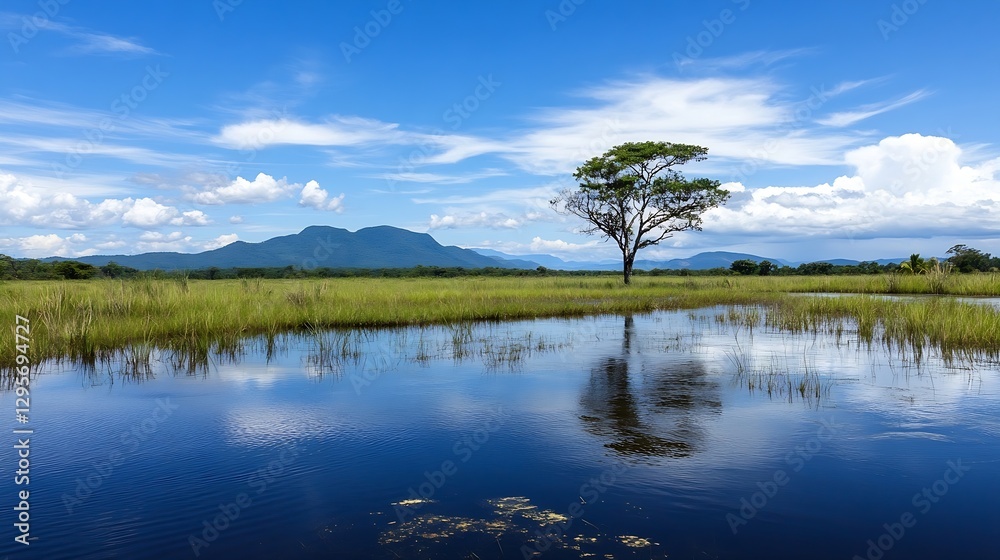 Poster isolated green tree on a calm lake with clear blue sky and lush landscape surrounding it : generativ