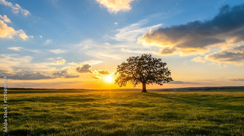 Poster majestic tree silhouetted against a stunning sunset in open field : generative ai