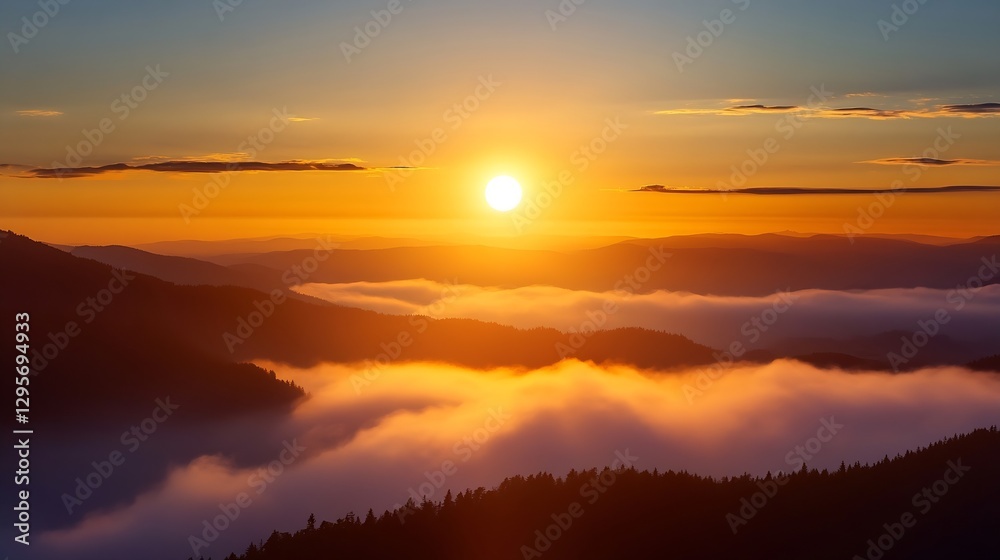 Poster breathtaking sunrise over rolling mountains filled with fog creating a tranquil morning view : gener