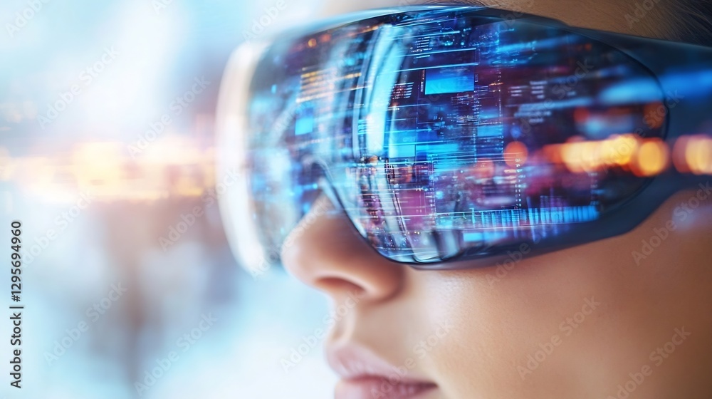 Poster close up of modern girl wearing smart glasses reflecting digital data and technology : generative ai