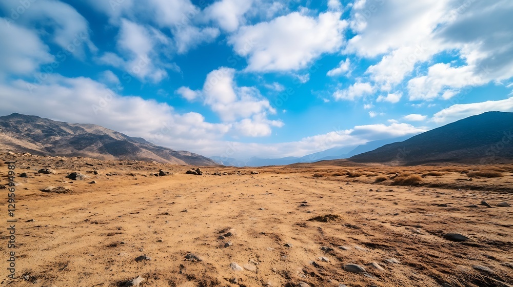 Poster expansive view of a dry desert landscape with rolling hills and a dramatic blue sky : generative ai