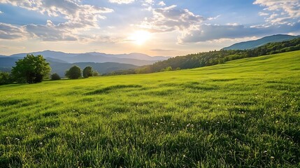 Obraz premium Vibrant green meadow under a bright sky during sunset offering a picturesque scene for outdoor adventures : Generative AI