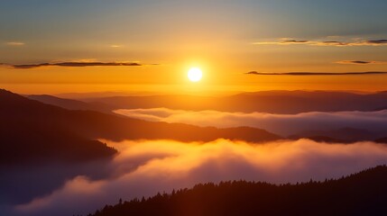 Obraz premium Breathtaking sunrise over rolling mountains filled with fog creating a tranquil morning view : Generative AI