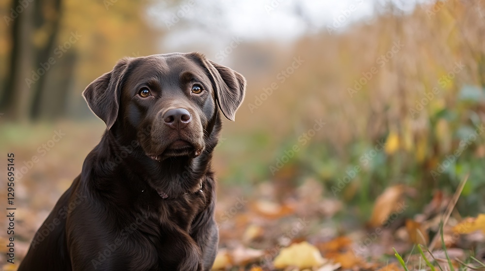 Poster portrait of a brown labrador dog sitting on a path in autumn forest : generative ai