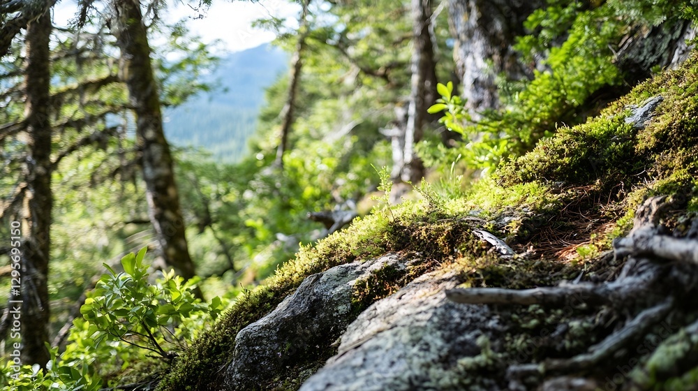 Poster lush green forest floor with moss and rocks surrounded by tall trees and vibrant foliage : generativ
