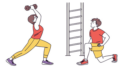 Strong Female Weightlifter Illustration in Bold Fitness Workout Poses on Transparent Background
