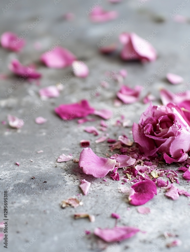 Poster Delicate pink rose petals scattered on a textured surface creating a serene and romantic atmosphere with subtle beauty : Generative AI