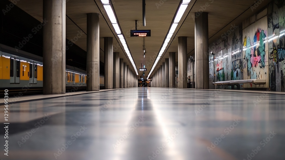 Aufkleber modern subway station platform with minimalist design and graffiti on the walls providing urban vibe