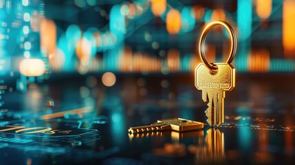 Golden key on dark wooden table symbolizing private credit and financial security, with abstract financial charts in the background, representing trust and wealth management concepts.