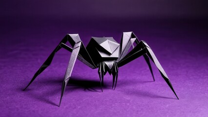 Fototapeta premium a strikingly crafted black origami spider poised on a vibrant purple background