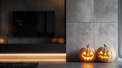 Obraz premium modern minimalist halloween apartment clean lines and neutral tones sleek glass and metal accents carved geometric pumpkins with led lights subtle spooky ambiance