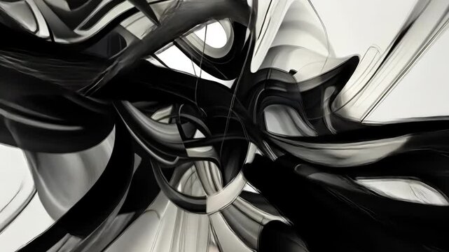 Artistic watercolor and acrylic brush strokes, undulating curves, blots. Abstract texture, zigzagging black and white color spots on a horizontal background. Generative video in 4k format