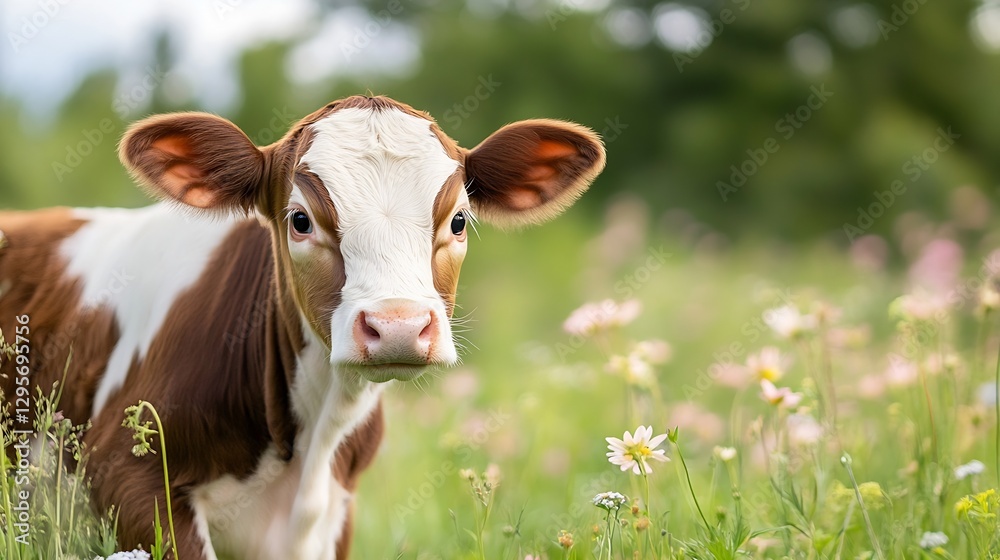 Poster charming close up of a young brown and white calf standing in a vibrant field filled with flowers an