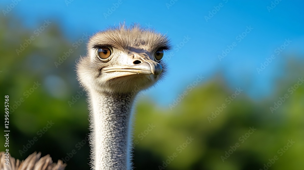 Poster detailed closeup of an ostrich gazing intently with a soft blue background : generative ai