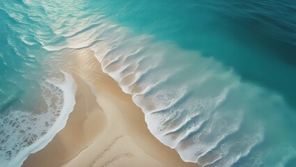 Fototapeta premium Aerial view of a pristine coastal landscape where the turquoise ocean meets a soft, sandy beach.
