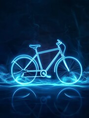 Fototapeta premium Neon Bicycle: An electric blue bicycle illuminates against a dark backdrop, an abstract, modern depiction of cycling, emphasizing innovation and technology. 