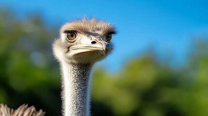 Detailed CloseUp of an Ostrich Gazing Intently with a Soft Blue Background : Generative AI