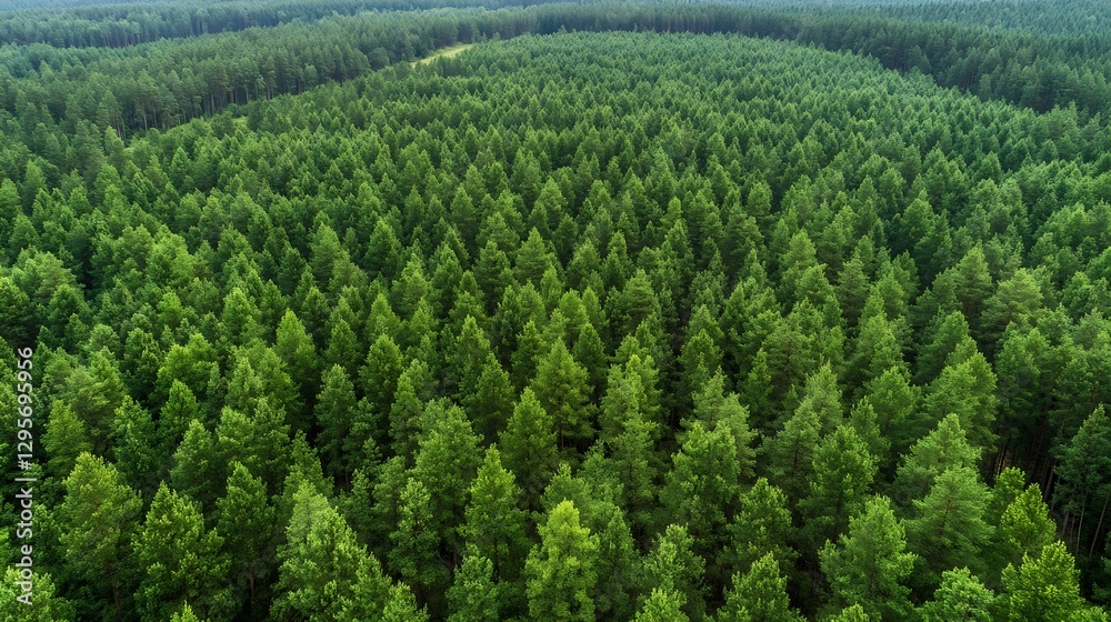 Poster aerial view of a dense green forest filled with tall evergreen trees in a natural landscape : genera