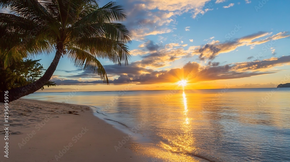 Poster tropical sunset over a tranquil beach with palm trees reflected in calm ocean waters : generative ai