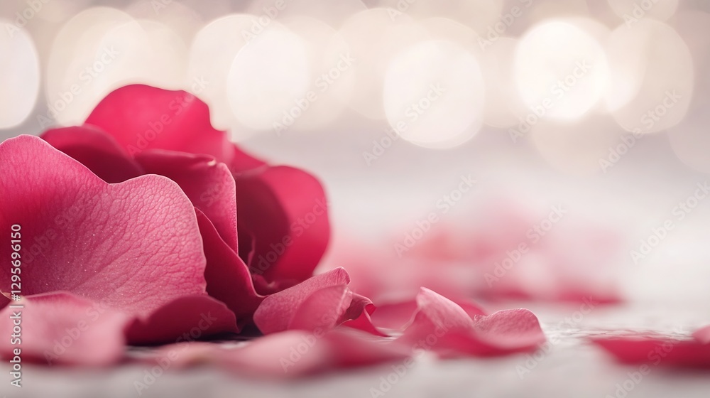 Poster delicate rose petals spread across a soft surface with blurred glittering background : generative ai