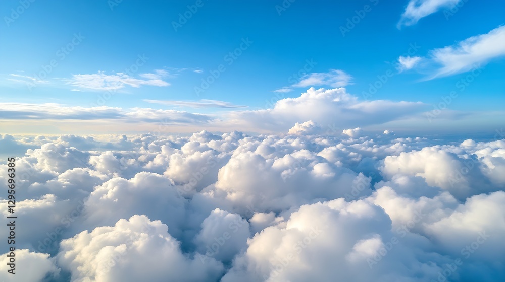 Poster serene view of fluffy clouds stretching across a bright blue sky captured from above : generative ai
