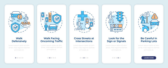 Pedestrian safety onboarding mobile app screen. Traffic system. Walkthrough 5 steps editable graphic instructions with linear concepts. UI, UX, GUI template. Montserrat SemiBold, Regular fonts used