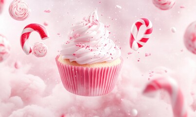 Pink cupcake with candy canes floating on a pink cloudy background