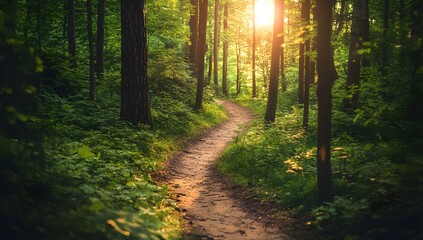 Obraz premium Sunlit Forest Path Winding Through Lush Trees