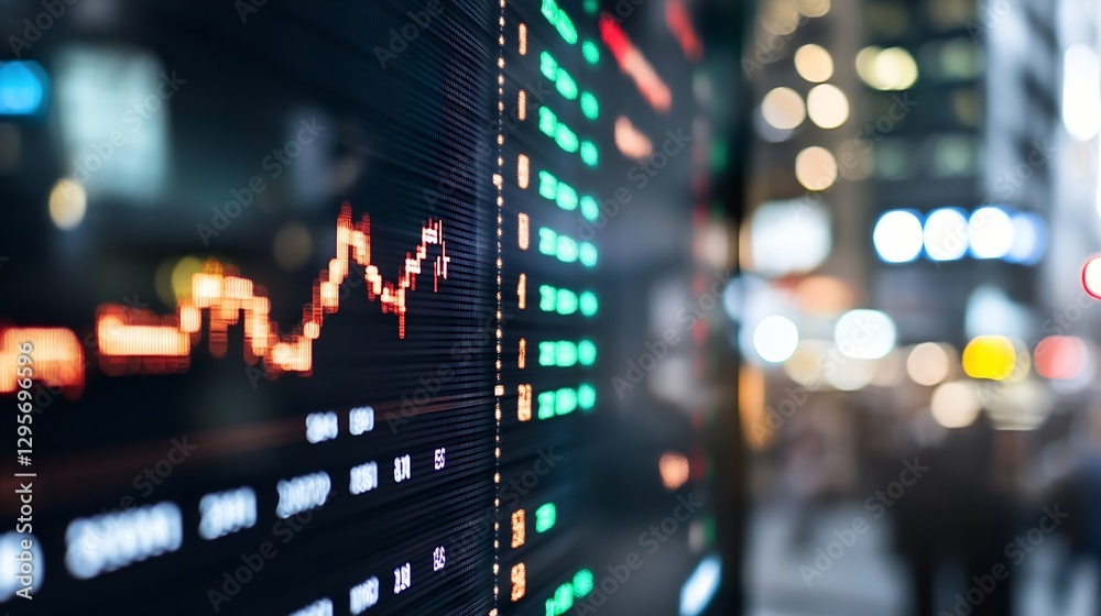 Poster sophisticated stock market ticker featuring dynamic graphs and bright lights in an urban financial d