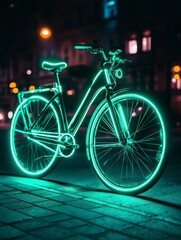 Neon Bike Ride at Night: A sleek bicycle glows with neon light against a backdrop of a city street at night. It embodies the freedom of urban exploration and technological elegance.