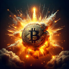 An AI illustration depicting a Bitcoin coin exploding like a bomb, perhaps as a metaphor for the cryptocurrency's volatility.
