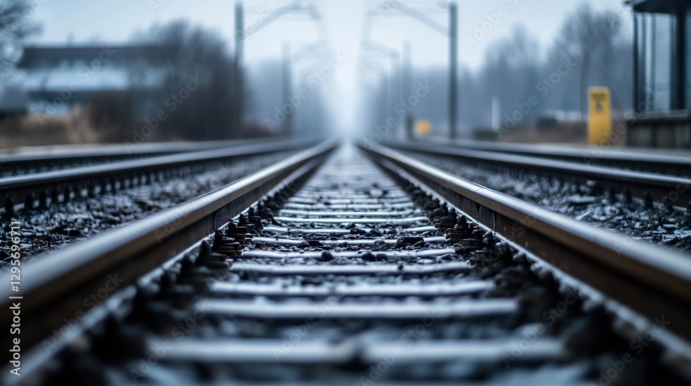 Poster Close Up of Wet Train Tracks with Droplets and Blurred Background : Generative AI