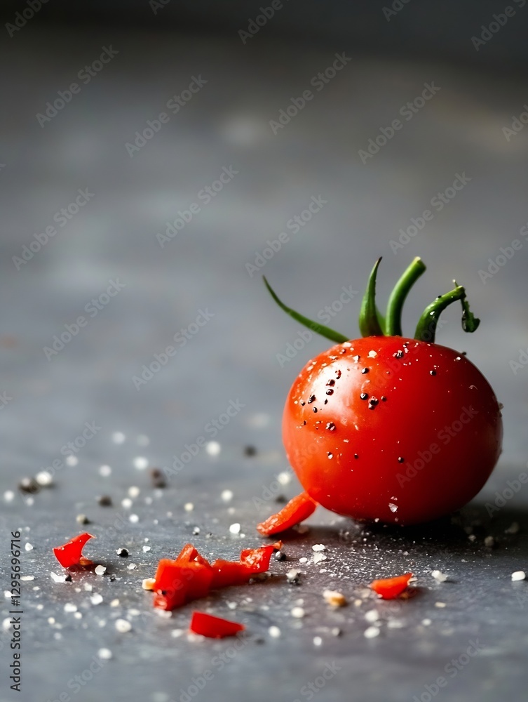 Aufkleber fresh ripe tomato with chopped pieces on a rustic table with seasonings and flavor enhancers : gener