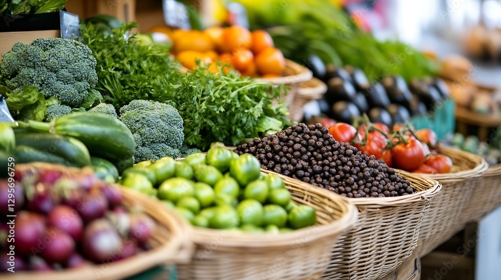 Poster vibrant assortment of fresh organic vegetables displayed neatly in baskets at a local market : gener