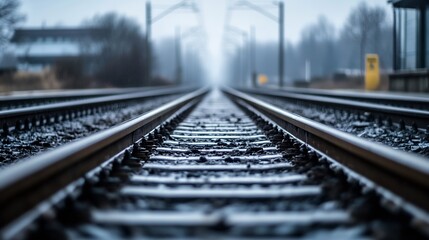 Close Up of Wet Train Tracks with Droplets and Blurred Background : Generative AI