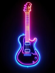 Obraz premium Neon Electric Guitar: Vibrant neon electric guitar glowing in the dark, showcasing its sleek design and vibrant colors.