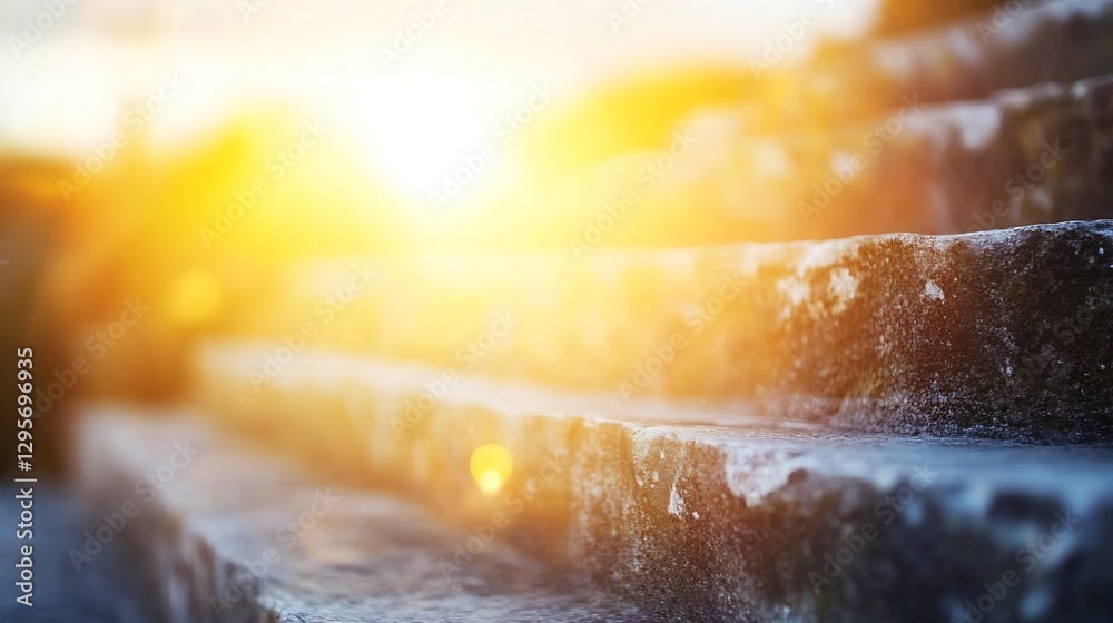 Poster sunset illuminating rustic stone stairs creating a mystical atmosphere in a peaceful outdoor setting