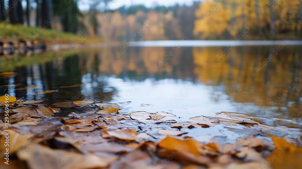 Poster autumn leaves floating on calm water surface in a peaceful scenic forest environment : generative ai