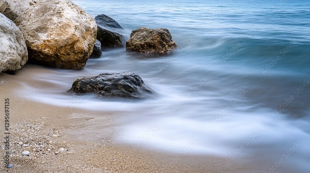 Poster smooth waves gently lapping against rocky shore under a clear blue sky creating a serene beach lands