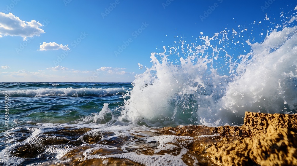 Aufkleber dynamic wave crashing against rocky shore under a bright sky with fluffy clouds : generative ai