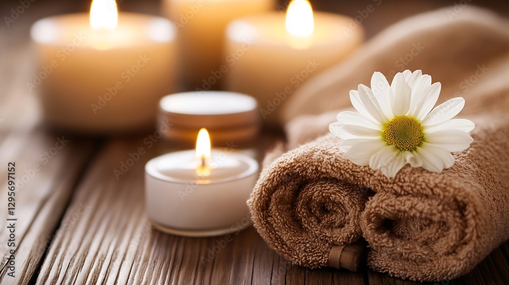 Poster Spa atmosphere with rolled towels and lit candles emphasizing relaxation and tranquility : Generative AI