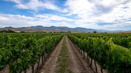 Naklejka premium Vineyard rows stretching towards mountains under a clear blue sky : Generative AI