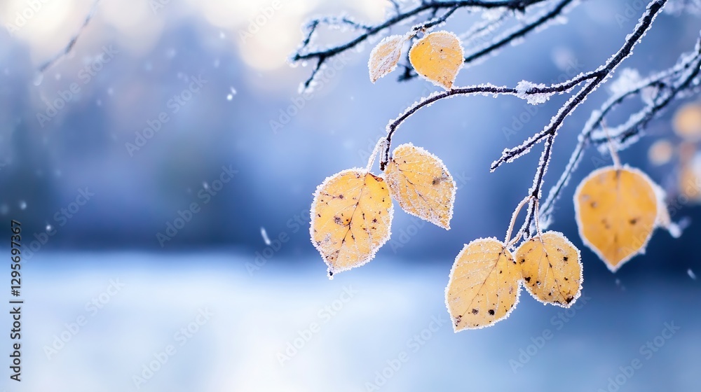 Poster delicate frostcovered leaves shimmering in a winter landscape creating a serene and tranquil atmosph