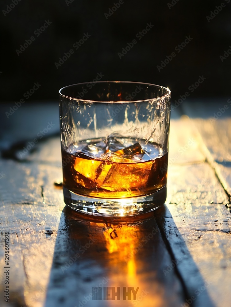 Poster refreshing glass of whiskey on the rocks with ice cubes shining under natural light : generative ai